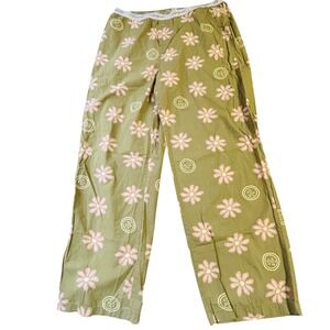 Life is Good Pajama Pants Large Olive Green Pink Daisy Floral Lounge Bottoms